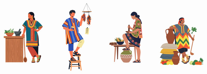 Fototapeta premium Flat vector characters in traditional indigenous clothing preparing food with various herbs, spices, and fresh vegetables isolated on white background.