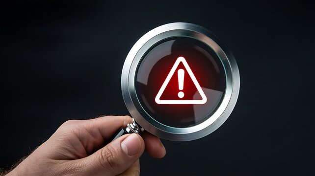 Warning alert icon under magnifier representing risk detection and security analysis concept