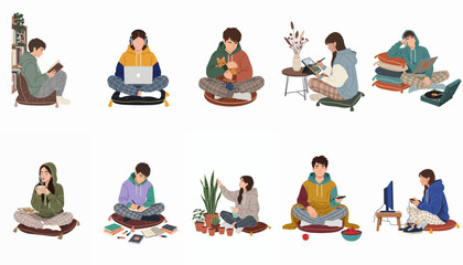 Fototapeta premium Collection of diverse young people relaxing at home and engaging in various indoor activities, hobbies and remote work, flat vector illustration set.