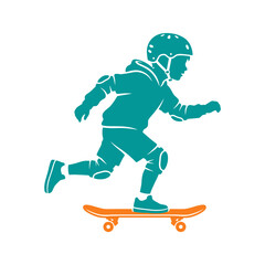 Skateboarder boy silhouette vector, young skater with helmet and safety gear, teal and orange extreme sports illustration for youth lifestyle isolated on White Background silhouette