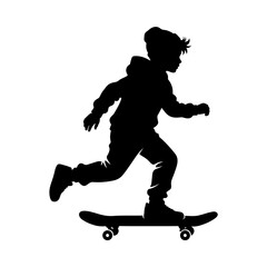 Fototapeta premium Skateboarder silhouette vector, young boy riding skateboard in streetwear, active teenager skating graphic, urban extreme sports illustration isolated on White Background silhouette