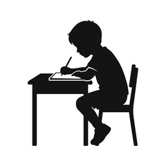 Fototapeta premium Schoolboy silhouette writing at desk, young student studying in classroom, child doing homework with pencil and paper vector illustration isolated on White Background silhouette