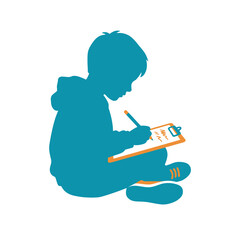 Child silhouette writing on clipboard vector, little boy drawing with pencil, student studying and learning illustration, teal and orange graphic isolated on White Background silhouette