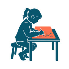 Fototapeta premium Minimalist silhouette of girl drawing at desk, young student creative art activity, child sitting on stool sketching in notebook vector isolated on White Background silhouette