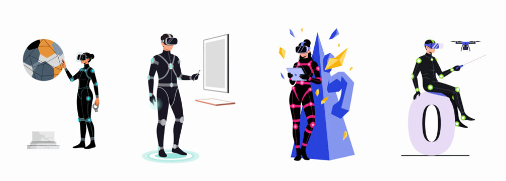 Set of illustrations featuring people in virtual reality headsets and motion capture suits interacting with various digital environments and gadgets in the metaverse.