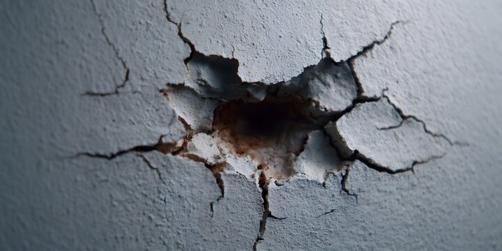 Deep hole in ceiling shows cracks spreading across painted surface.