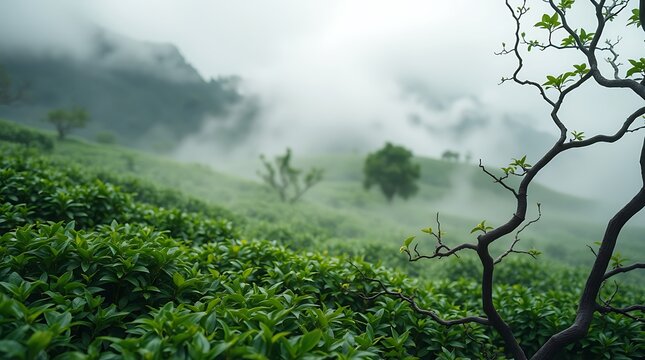 green tea plantation on a misty mountain morning