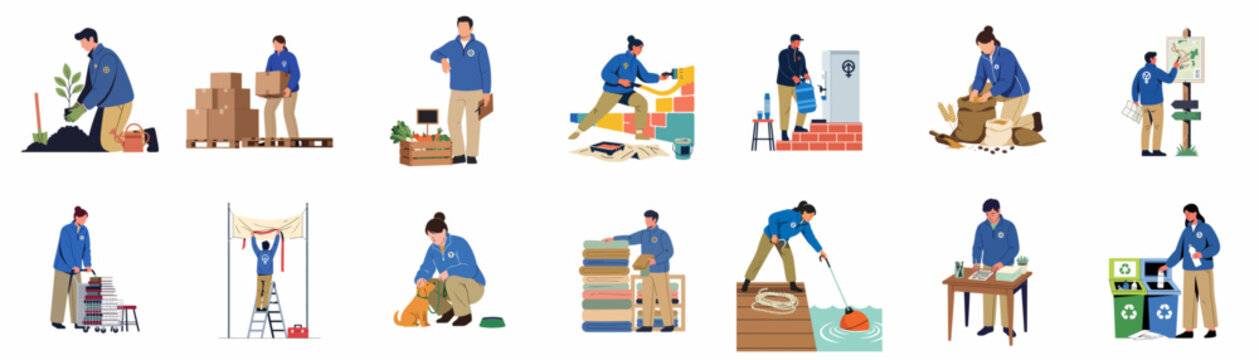 Set of humanitarian aid and volunteer workers performing various community service and social work activities on white background.