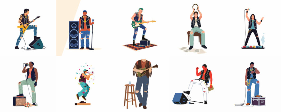 Diverse Rock and Punk Musicians Vector Illustration Set Featuring Guitarists, Singers, and Stage Equipment on White Background.