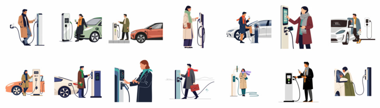 Flat illustration set of diverse people in winter coats charging electric cars at various public EV charging stations, using smartphones and touchscreens.