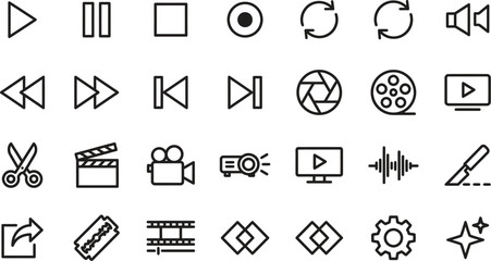 Fototapeta premium Icons set of video and audio editing media player controls and tools in line art style