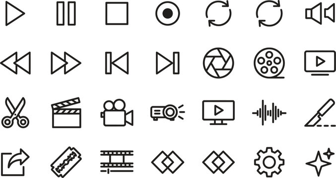 Icons set of video and audio editing media player controls and tools in line art style