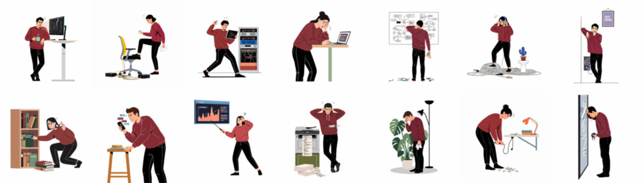 Collection of flat illustrations showing stressed office workers and programmers facing various technical difficulties, burnout, and frustration in the workplace.