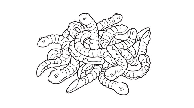 Pile of earthworms, a black and white line art vector illustration, perfect for fishing bait, garden, or nature-themed designs. A collection of wriggling worms