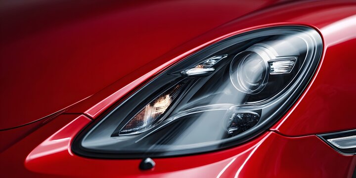 Closeup of a modern red car headlight featuring intricate led lighting elements and sleek design details.