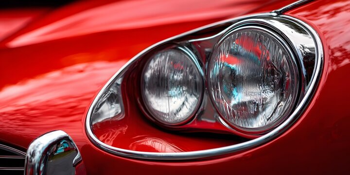 A closeup view shows the glossy red paint and dual chromerimmed headlights of a classic automobile front end.