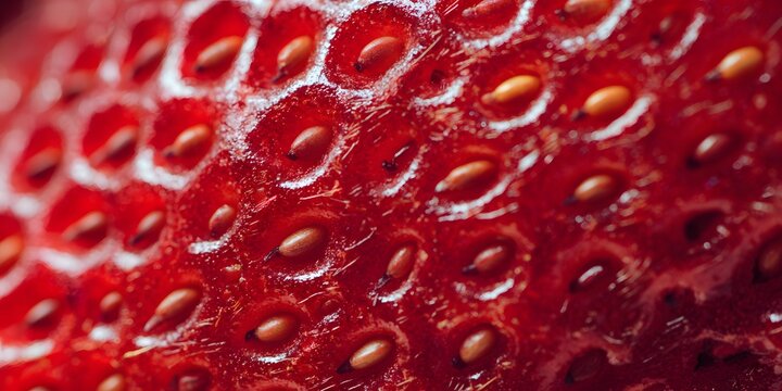 Extreme closeup of bright red strawberry flesh filled with textured seeds.