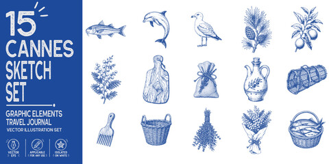 Fototapeta premium Cannes Provence-Alpes-Côte d'Azur travel journal collection featuring Mediterranean botanical heritage fishing culture mimosa citrus artisan objects hand drawn sketch vector illustration