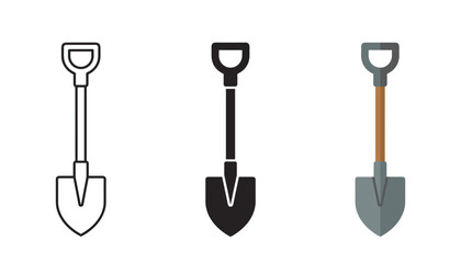 Three simple shovel and spade garden tools icon set in minimalist style © MDTorikulIslam