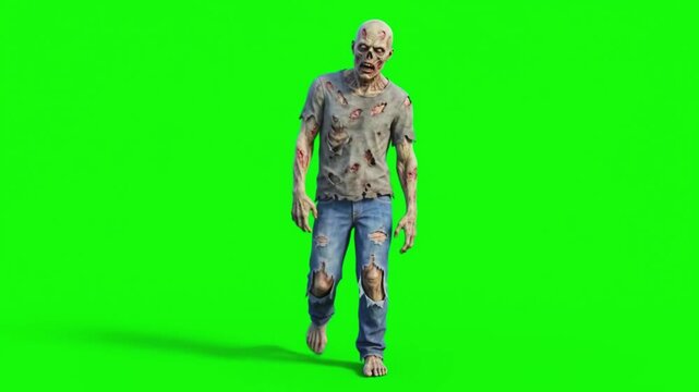 Walking zombie character. Undead monster on a green screen background, chroma key