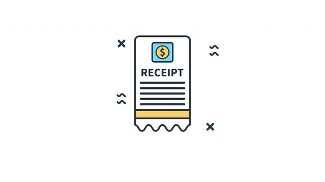 Receipt icon animation with dollar symbol and paper details, seamless looping icon for billing, finance, and point-of-sale transaction visuals