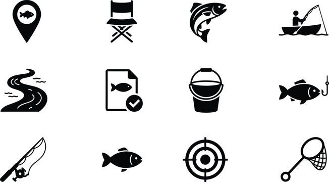 Minimalist Fishing and Angling Glyph Icons Set Featuring Rod, Fish, Boat, Hook, Bucket, Target and Outdoor Recreation Vector Collection