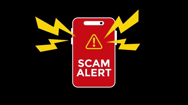 Red phone graphic with lightning bolts scam alert icon suitable for digital notifications. Eyecatching design for fraud prevention warnings.