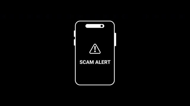 White mobile phone outline with scam alert warning triangle icon on screen. Suitable for cybersecurity concepts and digital fraud awareness materials.
