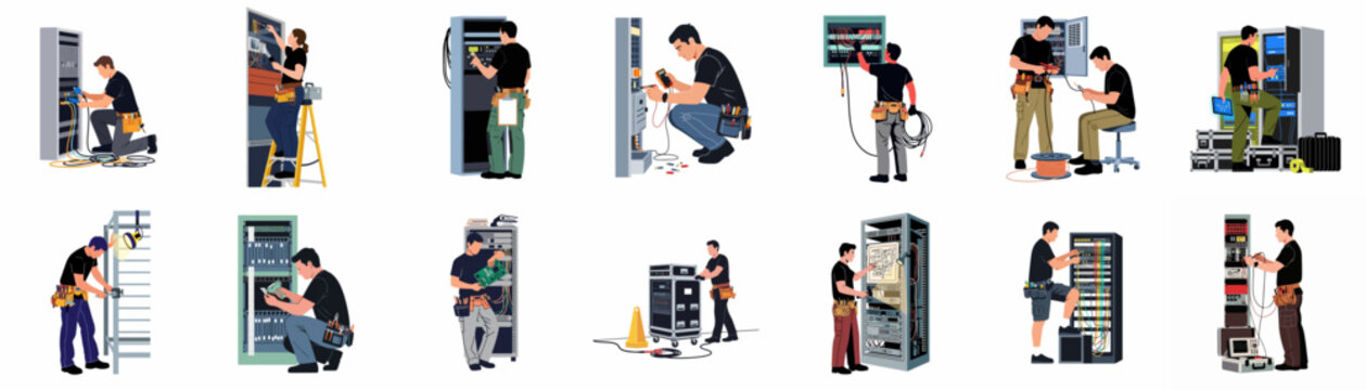 Collection of flat vector illustrations of professional technicians performing maintenance, repairs, and installations on various electrical and server equipment.