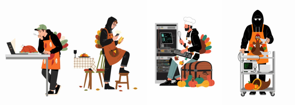 Cartoon collection of hackers and IT professionals celebrating Thanksgiving while working, featuring turkey aprons, computers, servers, and seasonal holiday decorations.