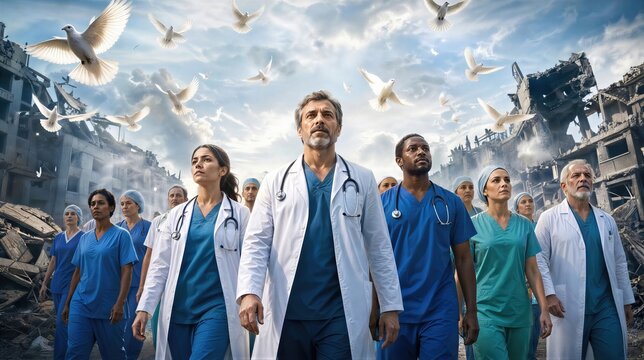 Group of diverse doctor and nurse standing in war zone with flying dove. Medical staff seeking peace for humanity. International Day Doctors of the World for Peace concept background.