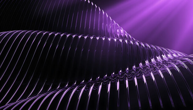 Dark futuristic ribbed glass background with purple light rays.