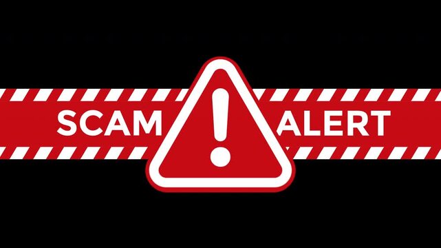 Red and black striped banner with scam alert text and warning triangle design. Suitable for fraud prevention graphics and security concepts.