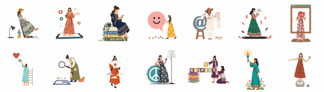 Collection of illustrations featuring women promoting digital citizenship, online empathy, netiquette, respect, and kindness in a modern bohemian style.