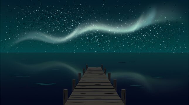 Flat vector illustration of a wooden pier extending into calm ocean water under a starry night sky with glowing aurora borealis reflection. Serene, dark, and minimalist northern lights scene.