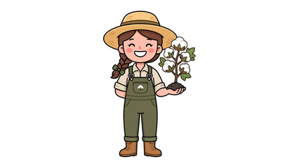 Farmer with Cotton Plant: A cheerful farmer wearing a straw hat and overalls holds a small cotton plant with fluffy bolls, symbolizing agriculture and harvest.