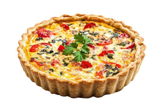 Round Savory Baked Egg Tart with Spinach Tomatoes Peppers and Flaky Crust Garnished with Parsley quiche