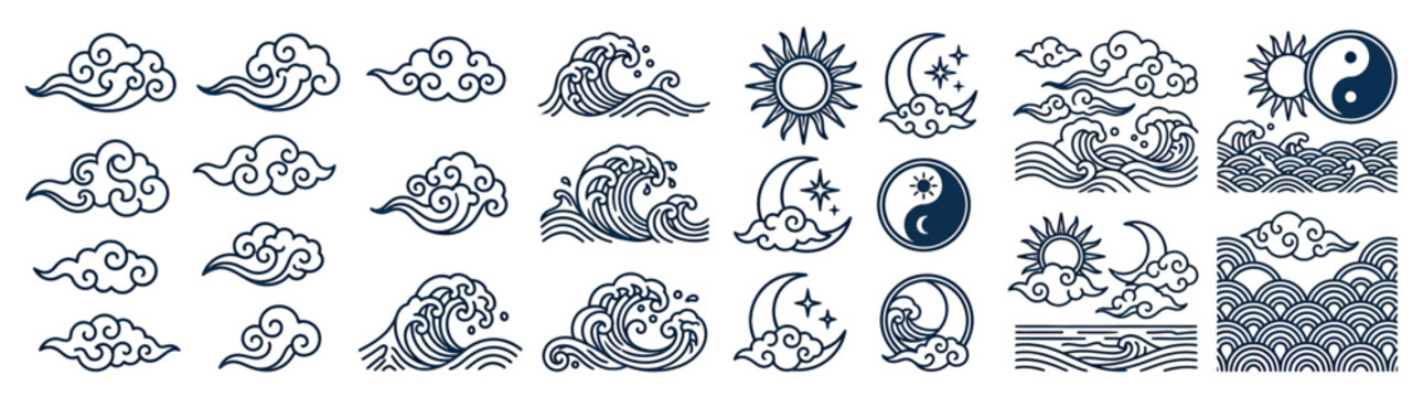 Traditional Asian Style Clouds, Waves, Sun, and Moon Icons