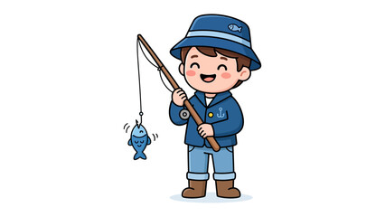 Happy Boy Fishing: A joyful cartoon boy wearing a blue hat and jacket, holding a fishing rod with a fish on the hook, symbolizing a successful catch and outdoor fun.