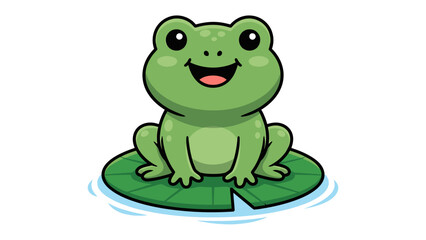 Fototapeta premium Happy Cartoon Frog on Lily Pad: A delightful green cartoon frog with big eyes and a wide smile sits on a vibrant lily pad, surrounded by gentle ripples of water.