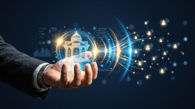 Businessman hand holding a glowing digital bank hologram connecting to a user network representing open banking, fintech innovation, and decentralized financial services.