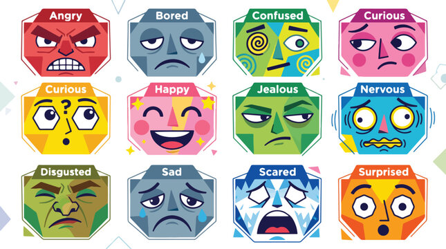 Set of colorful icons showing different human emotions and facial expressions