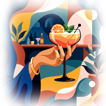 cocktail glass in woman's hand Graphic poster style illustration