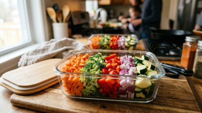 Glass food container filled with chopped colorful vegetables on a kitchen counter representing healthy meal prep, organic diet planning, and family cooking.