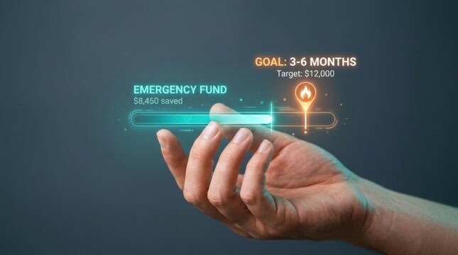 Hand holding a glowing digital emergency fund progress bar showing savings goals representing personal financial planning, wealth management, and economic security.