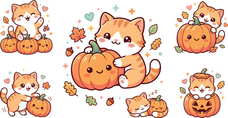 Fototapeta premium Cute Autumn Kitten and Pumpkin Vector Icon Set Featuring Whimsical Orange Cats, Fall Leaves, and Jack-o-Lantern Characters for Seasonal Scrapbooking and Halloween Graphic Designs
