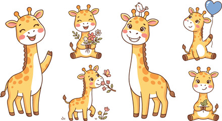 Obraz premium Cute Baby Giraffe Cartoon Character Vector Illustration Set with Happy Jungle Animals Holding Flowers Balloon Bird and Butterfly for Nursery Decor