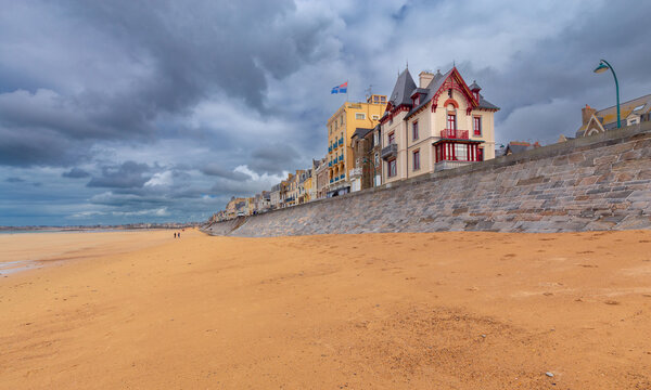 Sandy Beach and Historic Seawall in Saint Malo at Low Tide Brittany France
