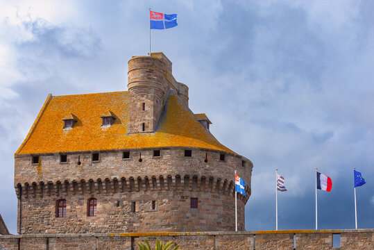 Historic Stone Fortifications with Flags in Saint Malo Brittany France