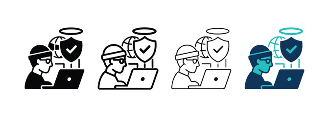 Fototapeta premium Cyber Security Expert Working on Laptop with Global Data Protection Shield Icon Set Design